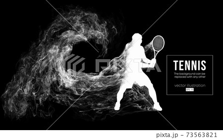 Abstract silhouette of a tennis player man male isolated on dark black background from particles dust, smoke. Tennis player hits the ball. Background can be changed to any other. Vector illustration Abstract silhouette of a tennis player man male isolated on dark black background from particles dust, smoke. Tennis player hits the ball. Background can be changed to any other. Vector illustration 73563821