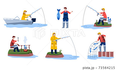 Set of scenes fishing - fisherman hobby on leisure a vector flat illustration. Set of scenes fishing - fisherman hobby on leisure a vector flat illustration. 73564215