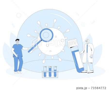 Coronavirus medical reseach concept. Covid treatment complete development. Laboratory discovery prevention medicine. Scientists conclude phase 3 study of covid vaccine candidate. Vector line art 73564772
