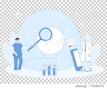 Coronavirus medical reseach concept. Covid treatment complete development. Laboratory discovery prevention medicine. Scientists conclude phase 3 study of covid vaccine candidate. Vector line art 73564772