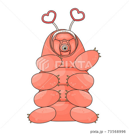 Pink isolated happy cute cartoon vector tardigrade is sitting on white background and waving one hand. Spring hoop with hearts on her head for Valentines Day Party 73568996
