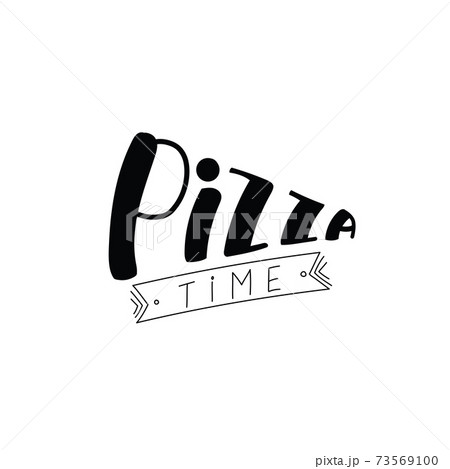 Pizza time hand written sign with ribbon for pizzeria menu, window sticker, take away box delivery service. Vector stock illustration Pizza time hand written sign with ribbon for pizzeria menu, window sticker, take away box delivery service. Vector stock illustration 73569100