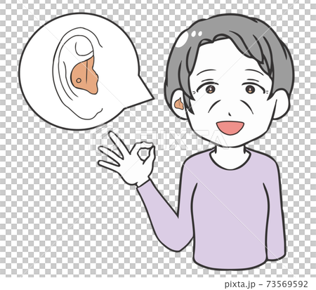 補聴器　高齢女性　耳掛け　オッケーサイン 73569592