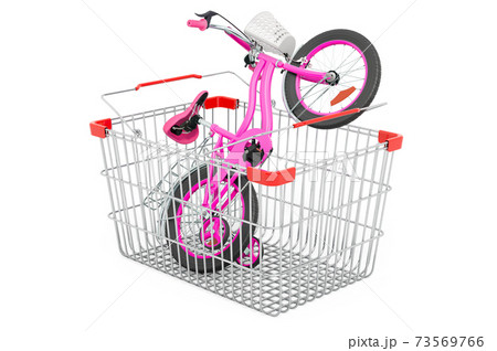 Kids bicycle inside shopping basket, 3D rendering Kids bicycle inside shopping basket, 3D rendering 73569766