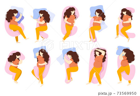 Pregnant sleeping poses. Woman comfortable sleeping poses, pregnant healthy night sleep. Various preggo sleep pose vector illustration set Pregnant sleeping poses. Woman comfortable sleeping poses, pregnant healthy night sleep. Various preggo sleep pose vector illustration set 73569950