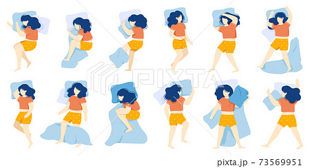 Sleeping woman. Girl sleep position, female character healthy night sleep, woman sleeping in bed alone. Night dream position vector illustration set Sleeping woman. Girl sleep position, female character healthy night sleep, woman sleeping in bed alone. Night dream position vector illustration set 73569951