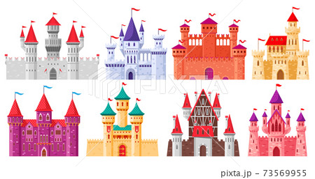 Cartoon medieval castles. Fairytale medieval towers, historical royal kingdom castles. Ancient fortress castles cartoon vector illustration set 73569955