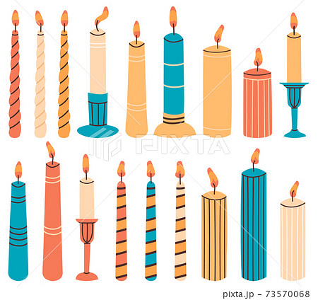 Wax burning candles. Hand drawn decorative element, aromatherapy burning colorful candles. Holiday decorative candles vector illustration set Wax burning candles. Hand drawn decorative element, aromatherapy burning colorful candles. Holiday decorative candles vector illustration set 73570068
