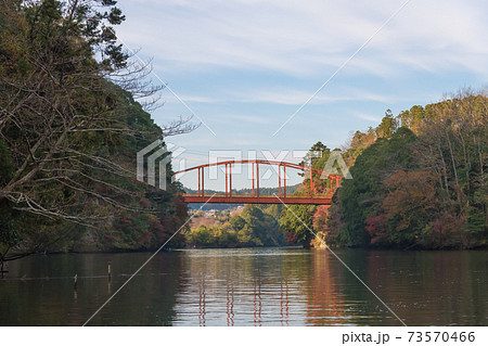 【クルーズ船からの亀山湖の紅葉と赤い橋】 73570466