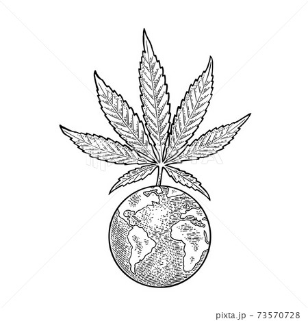 Marijuana leaf and Earth planet. Vintage black vector engraving illustration 73570728