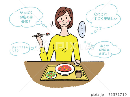 コロナ対策で おしゃべりは頭の中でしながら黙って食べる女性のイラスト素材