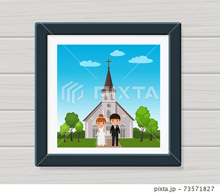 Wedding couple. Newlyweds in frame on background of church. Cartoon flat style Wedding couple. Newlyweds in frame on background of church. Cartoon flat style 73571827