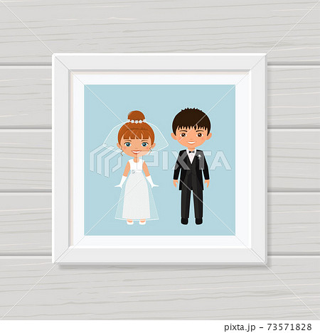 Wedding couple. Cute chibi characters groom and bride in wedding dresses in frame on wall. Flat cartoon style 73571828
