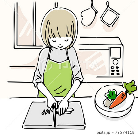 キッチンで野菜を切る女性のイラスト素材