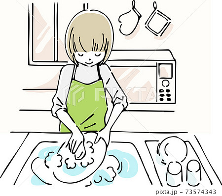 台所で食器を洗う女性のイラスト素材