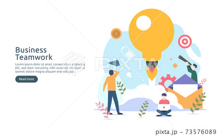 teamwork business brainstorming Idea concept with big yellow light bulb lamp, tiny people character. creative innovation solution. template for web landing page, banner, presentation, social media 73576089