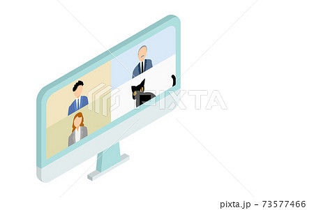 オンラインミーティングにネコが紛れ込んだイラスト、アイソメトリック 73577466