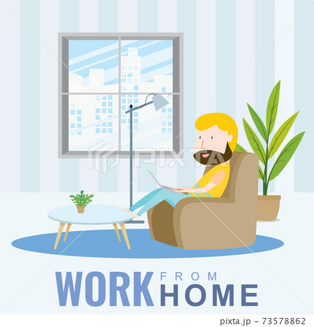 A man working at home sitting on the sofa, cartoon character, Vector 10 73578862