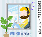 A man working at home on a laptop listening to music on the window. cartoon character, Vector 10 73578863