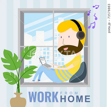 A man working at home on a laptop listening to music on the window. cartoon character, Vector 10 73578863