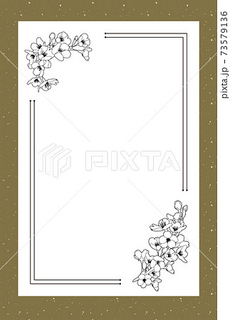 桜 線画 大正ロマン レトロな和風背景素材 緑色 カーキ 100 148mmはがきサイズ 比率 のイラスト素材