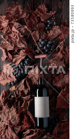 Bottle of red wine with corkscrew. On a table dried vine leaves and blue grapes. 73580993