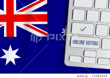 Online voting concept in Commonwealth of Australia. Keyboard near country flag. 73581616