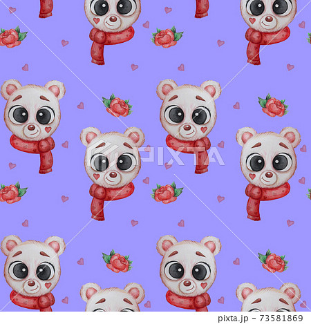 Seamless patterns. Portrait of a white polar bear in a red scarf on blue background with hearts and roses. Watercolor. For valentines, print, packaging, decor, wallpaper and design 73581869