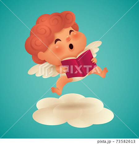 Cute little cupid reading a book floating on cloud. Isolated. Cute little cupid reading a book floating on cloud. Isolated. 73582613