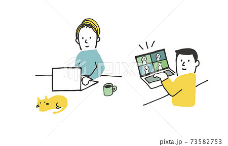 笑顔でリモートワークする男性イラスト 笑顔でリモートワークする男性イラスト 73582753