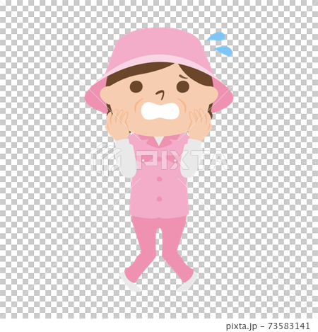 ゴルフ場で働く女性キャディのイラスト。女性は何かに慌てている。 73583141