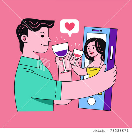 Couples clinking online with glasses of red wine making a quarantine happy hour. 73583371