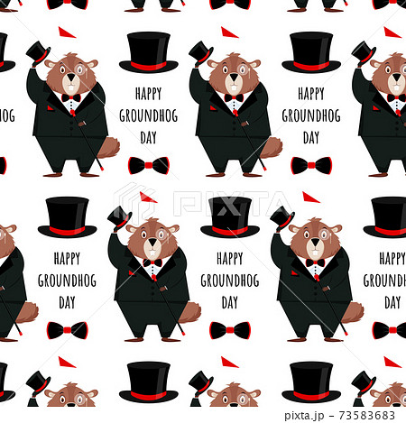 Happy Groundhog Day. Pattern of a groundhog in a tuxedo, top hat, bow tie, with a cane in his hand on a white background.Vector illustration. Happy Groundhog Day. Pattern of a groundhog in a tuxedo, top hat, bow tie, with a cane in his hand on a white background.Vector illustration. 73583683