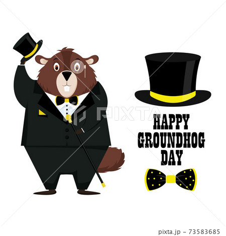 Happy Groundhog Day. Happy and elegant groundhog in tuxedo, top hat, bow tie. Isolated on a white background. Vector illustration. Happy Groundhog Day. Happy and elegant groundhog in tuxedo, top hat, bow tie. Isolated on a white background. Vector illustration. 73583685