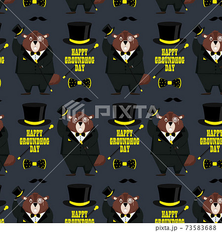 Happy Groundhog Day. Pattern of a groundhog in a tuxedo, top hat, bow tie, with a cane in his hand on a yellow background.Vector illustration. Happy Groundhog Day. Pattern of a groundhog in a tuxedo, top hat, bow tie, with a cane in his hand on a yellow background.Vector illustration. 73583688