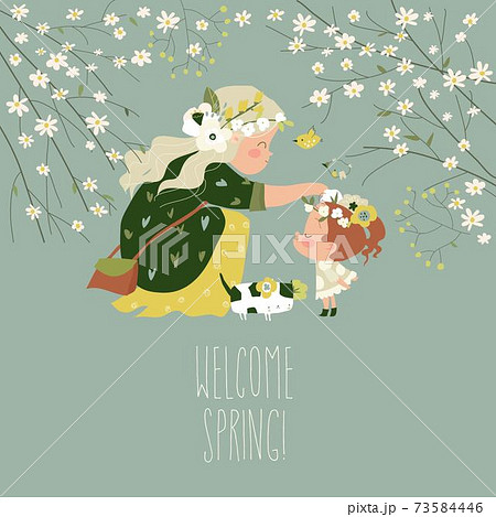 Beautiful mother with her little daughter in spring garden Beautiful mother with her little daughter in spring garden 73584446