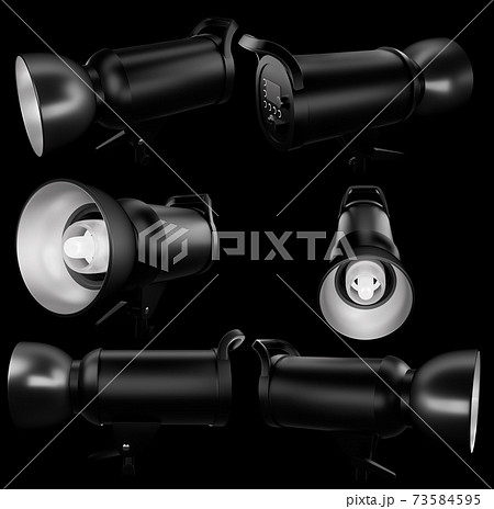 Photography high speed studio flash lamp with curtain isolated on black. 73584595
