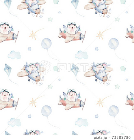 Watercolor Airplane Kid Seamless Pattern のイラスト素材