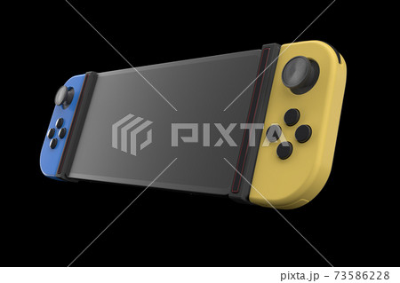 Realistic video game controllers attached to mobile phone isolated on black 73586228