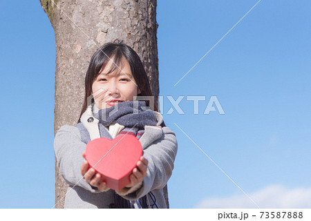 青空の下でハートの箱を手渡す女性 73587888