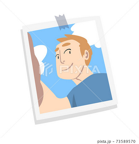 Happy Man Face on Photographic Print or Selfie Picture Vector Illustration 73589570