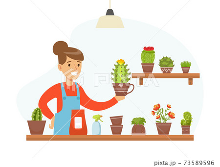Young Woman in Apron Taking Care of Her Plants in Flowerpots Vector Illustration Young Woman in Apron Taking Care of Her Plants in Flowerpots Vector Illustration 73589596