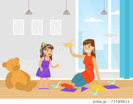 Young Woman and Her Daughter Engaged in Origami or Paper Folding Craft Vector Illustration Young Woman and Her Daughter Engaged in Origami or Paper Folding Craft Vector Illustration 73589611