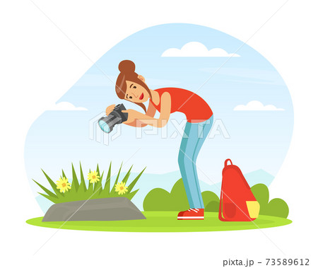 Young Woman with Camera Taking Photograph of Flowers Outdoor Vector Illustration Young Woman with Camera Taking Photograph of Flowers Outdoor Vector Illustration 73589612