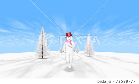 霧氷のモミの木を背景に走る雪だるま男 縦横比16 9背景 壁紙 用のイラスト素材