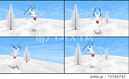 スキーでジャンプする雪だるま男 縦横比16 9の4点セットのイラスト素材 7357