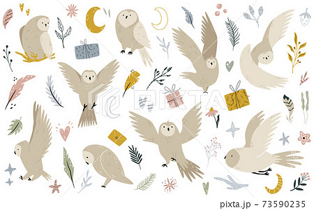 Big set of cute owls and hand drawn floral and sky elements Big set of cute owls and hand drawn floral and sky elements 73590235