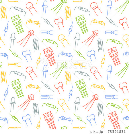 Seamless pattern from electrical components. Diode, transistor capacitor, resistor and inductor. Hand drawn vector illustration 73591831