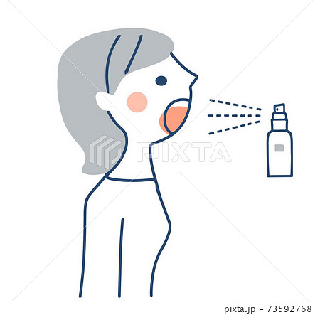 口にスプレーする女性 73592768