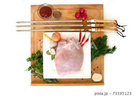 raw turkey meat, fillet for roasting on skewers. Barbecue preparation. ingredients raw turkey meat, fillet for roasting on skewers. Barbecue preparation. ingredients 73595123